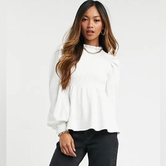 ASOS size 14 white cream puff bishop sleeve smocked chest peplum frill neck - Picture 2 of 11